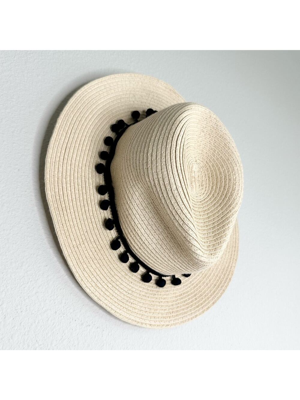 Straw Sun Hat with Black Pompoms One Size